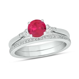 6.0mm Lab-Created Ruby and 1/5 CT. T.W. Diamond Tri-Sides Bridal Set in 10K White Gold