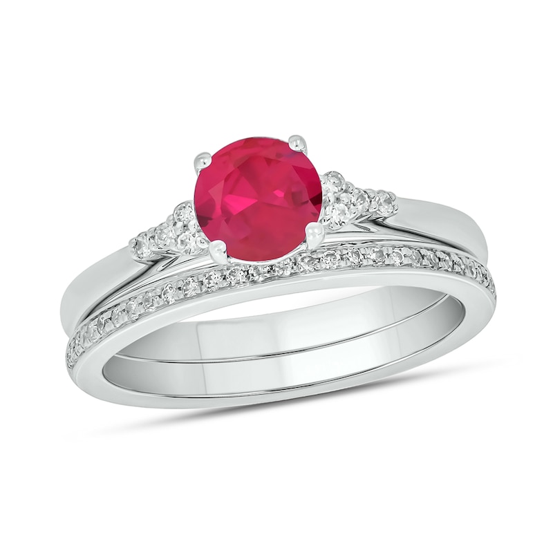 Main Image 1 of 6.0mm Lab-Created Ruby and 1/5 CT. T.W. Diamond Tri-Sides Bridal Set in 10K White Gold