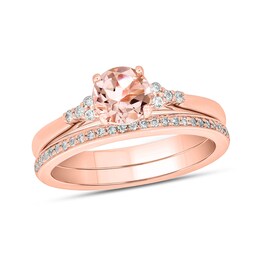 6.0mm Morganite and 1/5 CT. T.W. Diamond Tri-Sides Bridal Set in 10K Rose Gold
