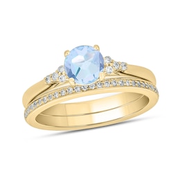 6.0mm Aquamarine and 1/5 CT. T.W. Diamond Tri-Sides Bridal Set in 10K Gold
