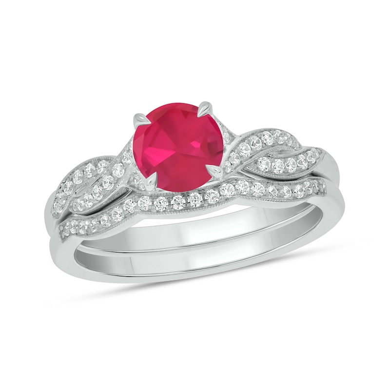 Main Image 1 of 6.0mm Lab-Created Ruby and 1/5 CT. T.W. Diamond Braid Vintage-Style Bridal Set in 10K White Gold