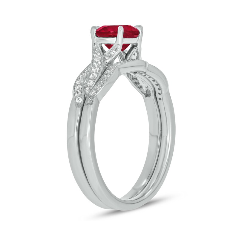 Main Image 2 of 6.0mm Lab-Created Ruby and 1/5 CT. T.W. Diamond Braid Vintage-Style Bridal Set in 10K White Gold