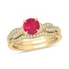 Thumbnail Image 0 of 6.0mm Lab-Created Ruby and 1/5 CT. T.W. Diamond Braid Vintage-Style Bridal Set in 10K Gold