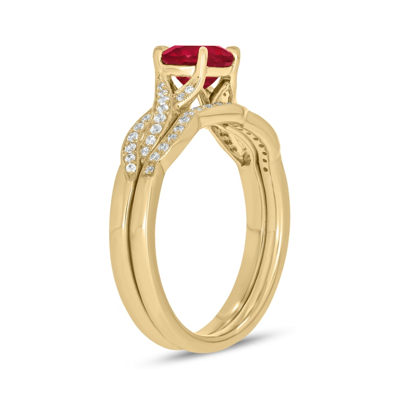 6.0mm Lab-Created Ruby and 1/5 CT. T.W. Diamond Braid Vintage-Style Bridal Set in 10K Gold