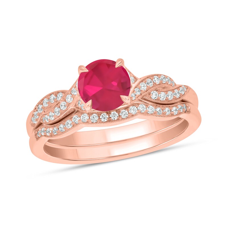 Main Image 1 of 6.0mm Lab-Created Ruby and 1/5 CT. T.W. Diamond Braid Vintage-Style Bridal Set in 10K Rose Gold