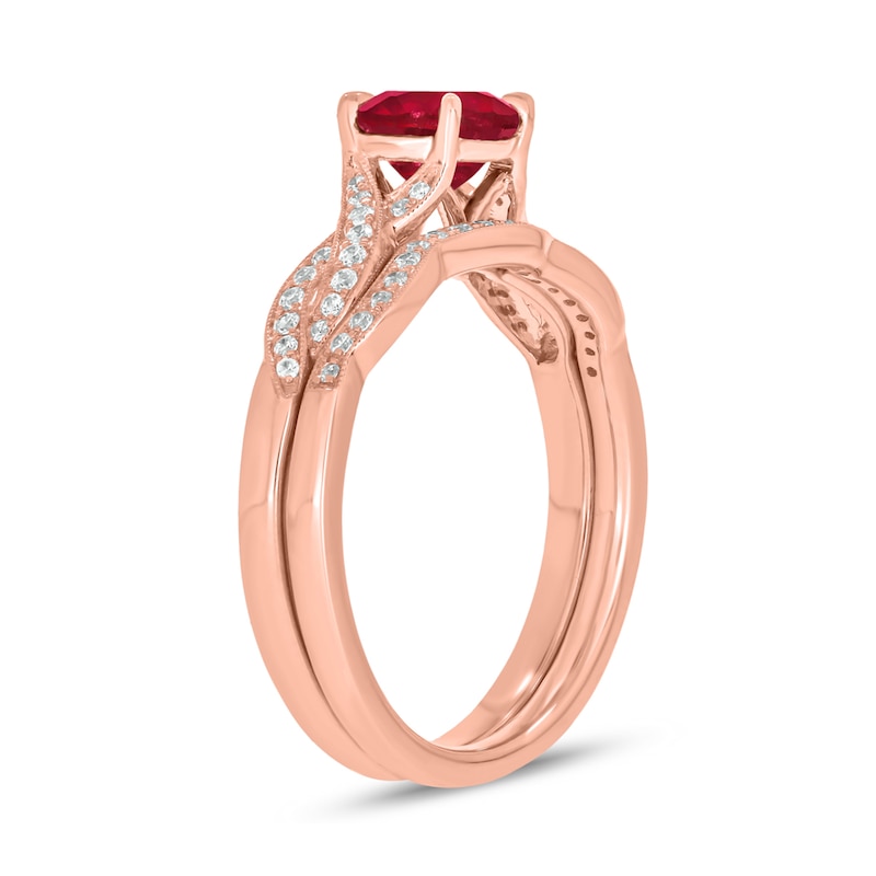Main Image 2 of 6.0mm Lab-Created Ruby and 1/5 CT. T.W. Diamond Braid Vintage-Style Bridal Set in 10K Rose Gold