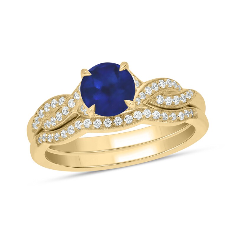 Main Image 1 of 6.0mm Blue Lab-Created Sapphire and 1/5 CT. T.W. Diamond Braid Vintage-Style Bridal Set in 10K Gold