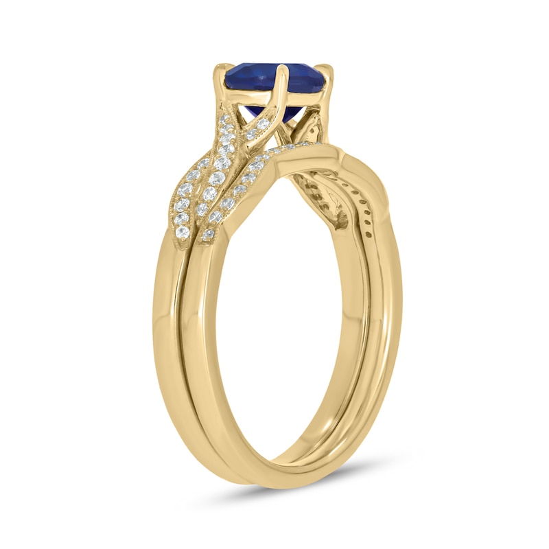 Main Image 2 of 6.0mm Blue Lab-Created Sapphire and 1/5 CT. T.W. Diamond Braid Vintage-Style Bridal Set in 10K Gold