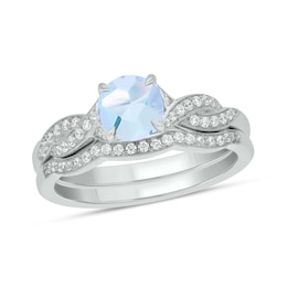 6.0mm Aquamarine and 1/5 CT. T.W. Diamond Braid Vintage-Style Bridal Set in 10K White Gold