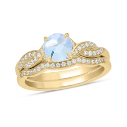 6.0mm Aquamarine and 1/5 CT. T.W. Diamond Braid Vintage-Style Bridal Set in 10K Gold