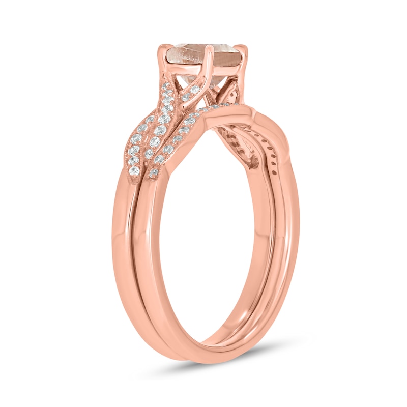 Main Image 2 of 6.0mm Morganite and 1/5 CT. T.W. Diamond Braid Vintage-Style Bridal Set in 10K Rose Gold