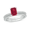 Thumbnail Image 1 of Emerald-Cut Lab-Created Ruby and 1/3 CT. T.W. Diamond Bridal Set in 10K White Gold