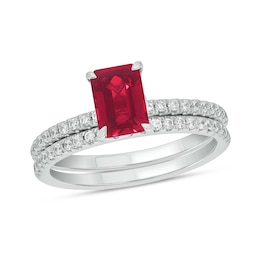 Emerald-Cut Lab-Created Ruby and 1/3 CT. T.W. Diamond Bridal Set in 10K White Gold
