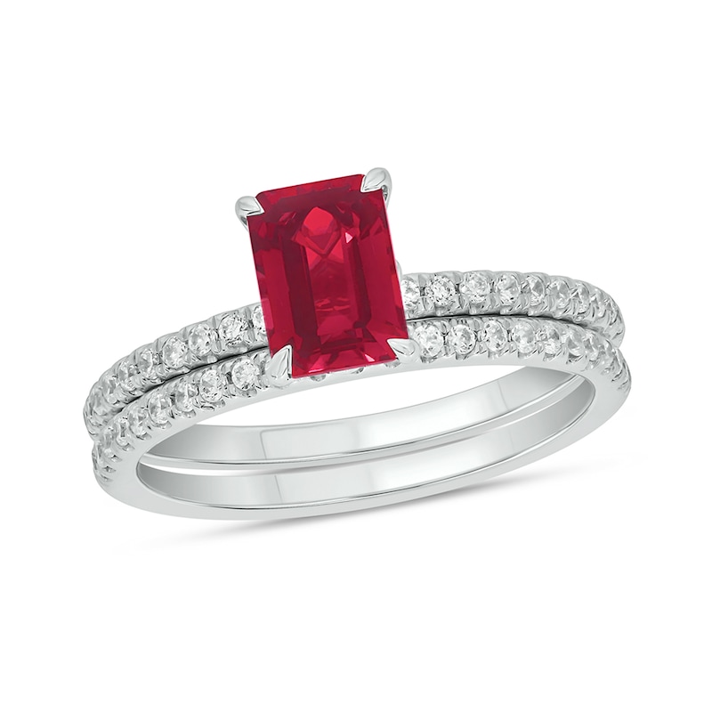 Main Image 1 of Emerald-Cut Lab-Created Ruby and 1/3 CT. T.W. Diamond Bridal Set in 10K White Gold