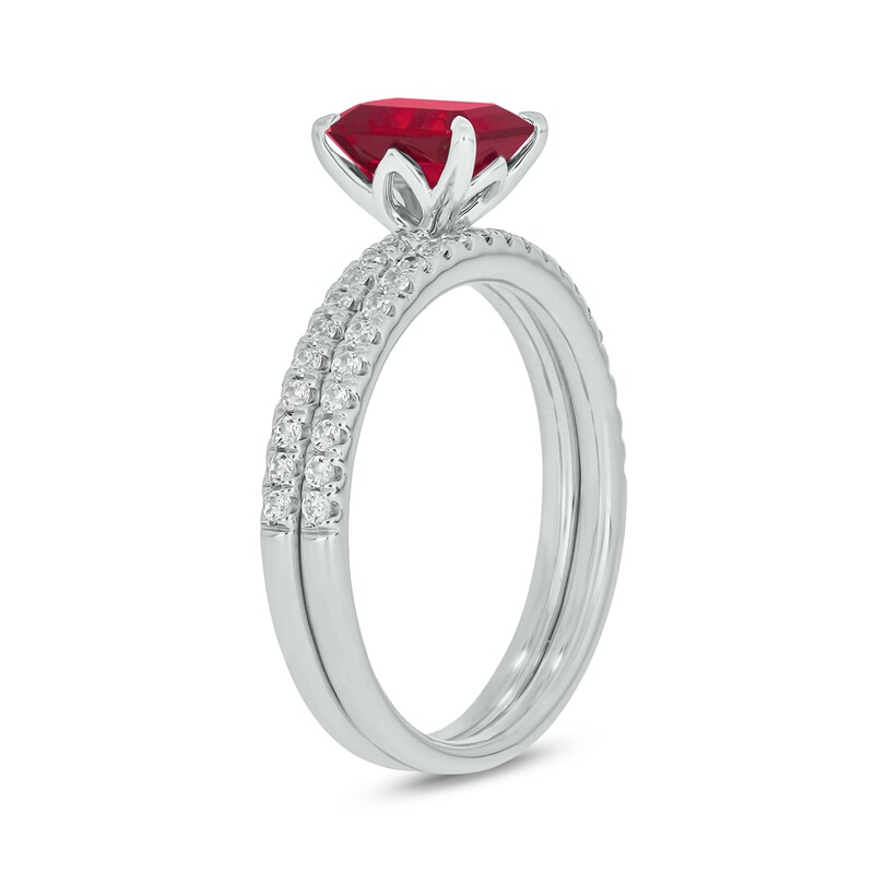 Main Image 2 of Emerald-Cut Lab-Created Ruby and 1/3 CT. T.W. Diamond Bridal Set in 10K White Gold
