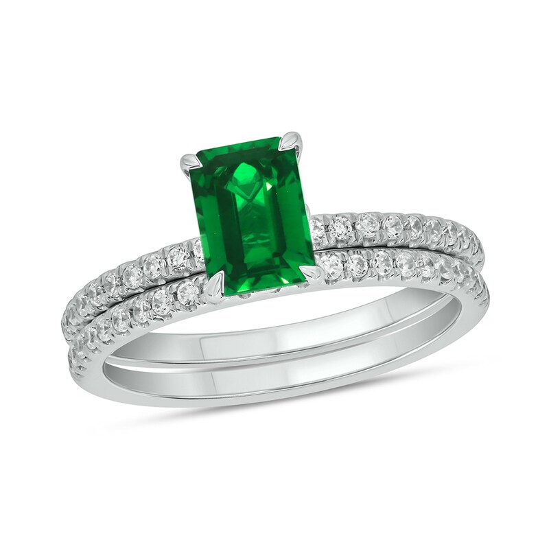 Main Image 1 of Emerald-Cut Lab-Created Emerald and 1/3 CT. T.W. Diamond Bridal Set in 10K White Gold