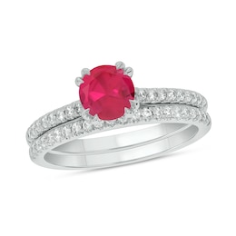 6.0mm Lab-Created Ruby and 1/3 CT. T.W. Diamond Bridal Set in 10K White Gold