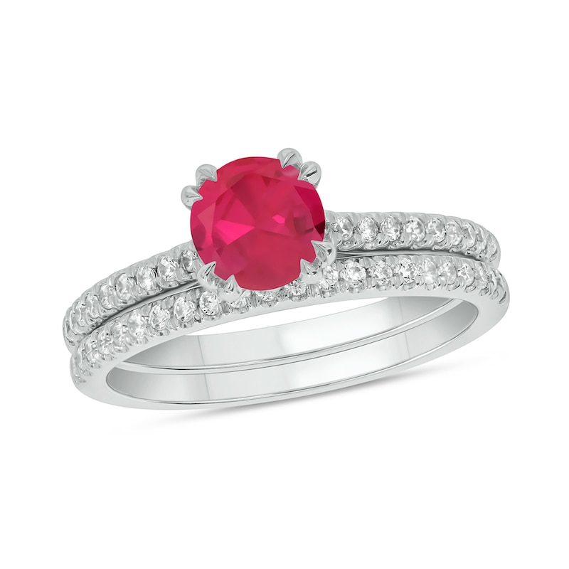 Main Image 1 of 6.0mm Lab-Created Ruby and 1/3 CT. T.W. Diamond Bridal Set in 10K White Gold