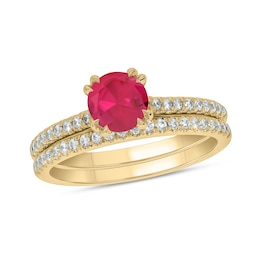 6.0mm Lab-Created Ruby and 1/3 CT. T.W. Diamond Bridal Set in 10K Gold
