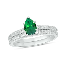 Pear-Shaped Lab-Created Emerald and 1/3 CT. T.W. Diamond Bridal Set in 10K White Gold