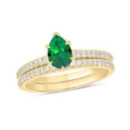 Pear-Shaped Lab-Created Emerald and 1/3 CT. T.W. Diamond Bridal Set in 10K Gold
