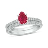 Thumbnail Image 0 of Pear-Shaped Lab-Created Ruby and 1/3 CT. T.W. Diamond Bridal Set in 10K White Gold