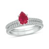 Thumbnail Image 0 of Pear-Shaped Lab-Created Ruby and 1/3 CT. T.W. Diamond Bridal Set in 10K White Gold