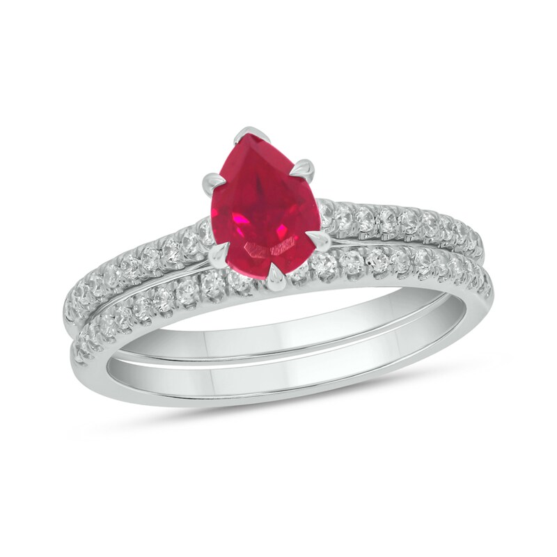 Pear-Shaped Lab-Created Ruby and 1/3 CT. T.W. Diamond Bridal Set in 10K White Gold