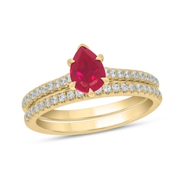 Pear-Shaped Lab-Created Ruby and 1/3 CT. T.W. Diamond Bridal Set in 10K Gold