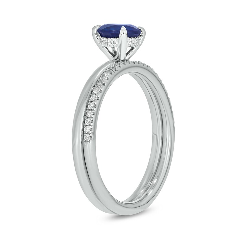 Main Image 2 of 6.0mm Blue Lab-Created Sapphire and 1/5 CT. T.W. Diamond Band Bridal Set in 10K White Gold
