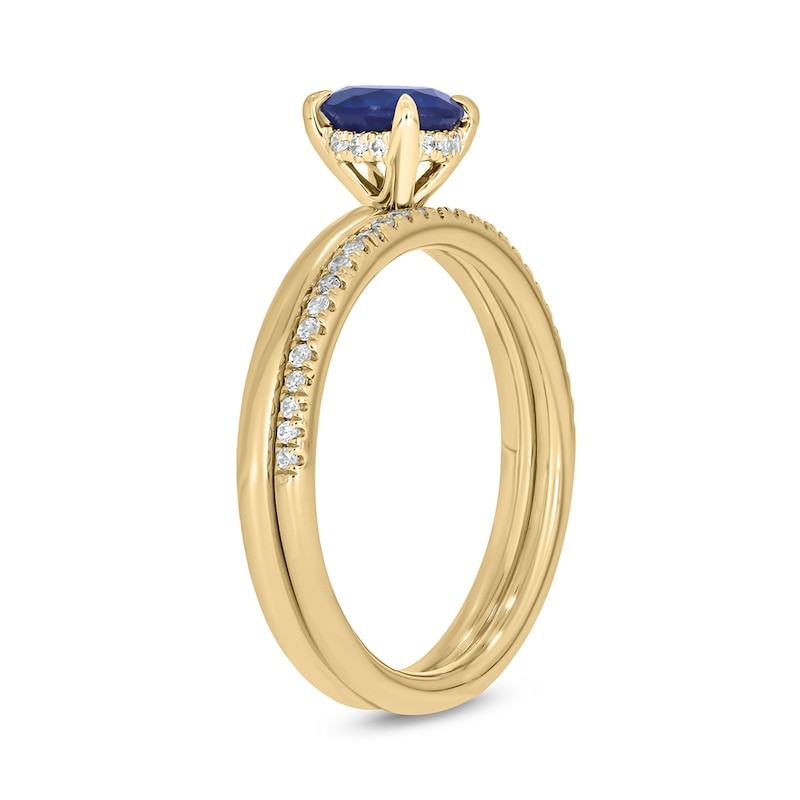 Main Image 2 of 6.0mm Blue Lab-Created Sapphire and 1/5 CT. T.W. Diamond Band Bridal Set in 10K Gold