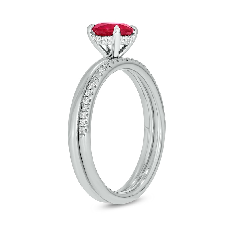 Main Image 2 of 6.0mm Lab-Created Ruby and 1/5 CT. T.W. Diamond Band Bridal Set in 10K White Gold