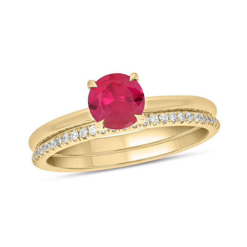 6.0mm Lab-Created Ruby and 1/5 CT. T.W. Diamond Band Bridal Set in 10K Gold