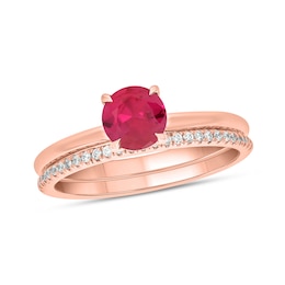 6.0mm Lab-Created Ruby and 1/5 CT. T.W. Diamond Band Bridal Set in 10K Rose Gold
