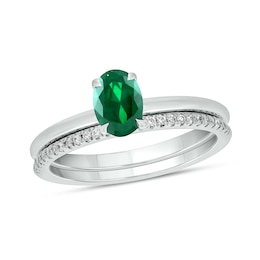 Oval Lab-Created Emerald and 1/5 CT. T.W. Diamond Band Bridal Set in 10K White Gold