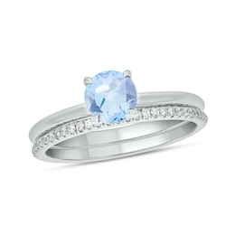6.0mm Aquamarine and 1/5 CT. T.W. Diamond Band Bridal Set in 10K White Gold