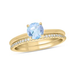 6.0mm Aquamarine and 1/5 CT. T.W. Diamond Band Bridal Set in 10K Gold