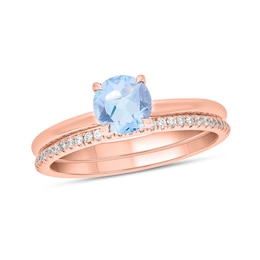 6.0mm Aquamarine and 1/5 CT. T.W. Diamond Band Bridal Set in 10K Rose Gold