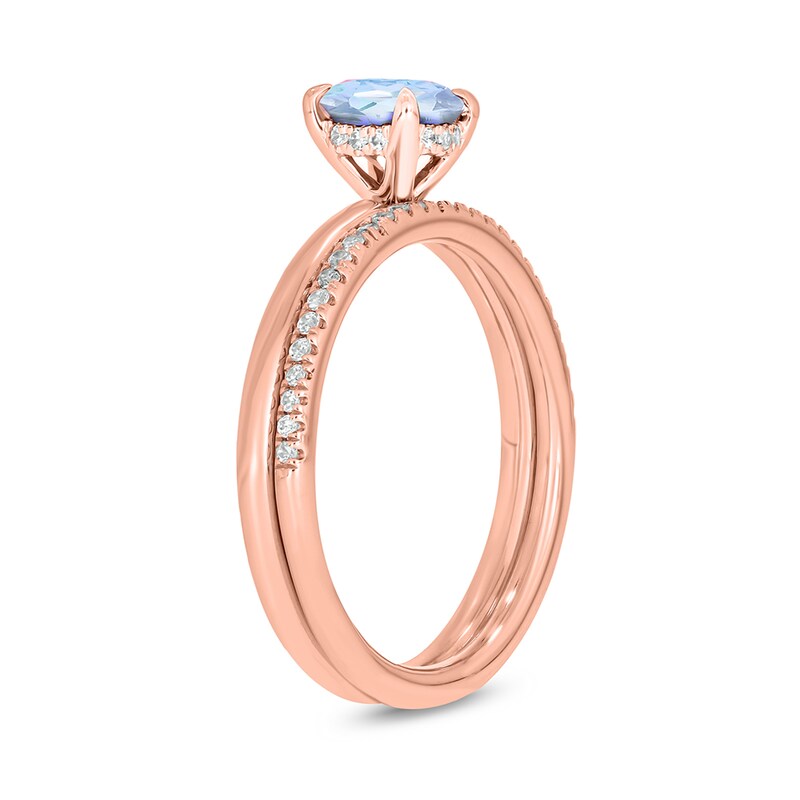 Main Image 2 of 6.0mm Aquamarine and 1/5 CT. T.W. Diamond Band Bridal Set in 10K Rose Gold