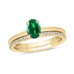 Oval Lab-Created Emerald and 1/5 CT. T.W. Diamond Band Bridal Set in 10K Gold