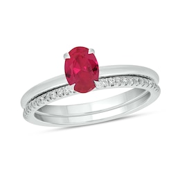 Oval Lab-Created Ruby and 1/5 CT. T.W. Diamond Band Bridal Set in 10K White Gold
