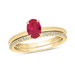 Oval Lab-Created Ruby and 1/5 CT. T.W. Diamond Band Bridal Set in 10K Gold