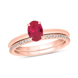 Oval Lab-Created Ruby and 1/5 CT. T.W. Diamond Band Bridal Set in 10K Rose Gold