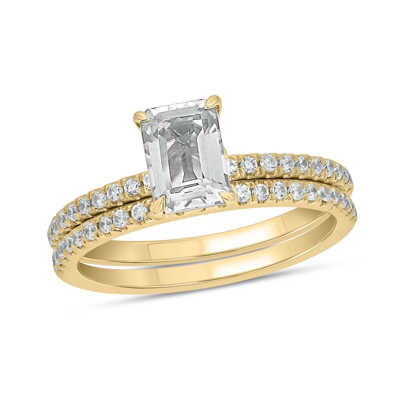 Main Image 1 of Emerald-Cut White Lab-Created Sapphire and 1/3 CT. T.W. Diamond Bridal Set in 10K Gold