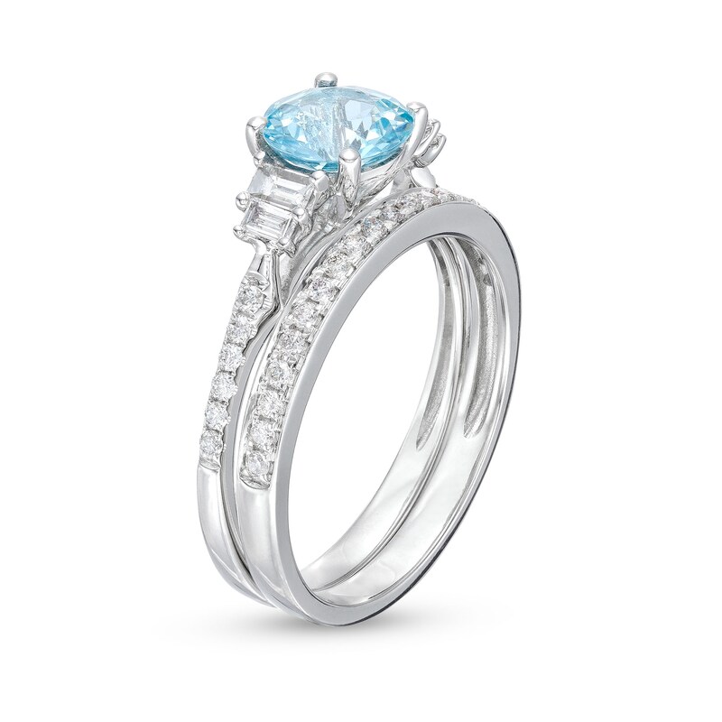 7.0mm Aquamarine and 5/8 CT. T.W. Baguette Diamond Tiered Collar Bridal Set in 14K White Gold