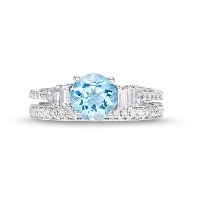 7.0mm Aquamarine and 5/8 CT. T.W. Baguette Diamond Tiered Collar Bridal Set in 14K White Gold