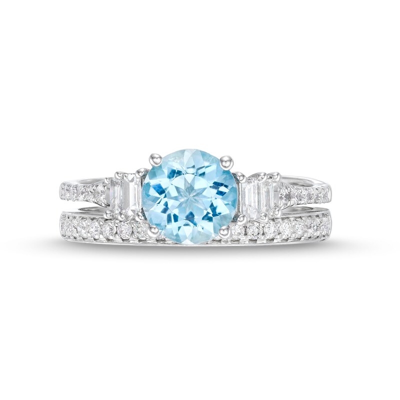 7.0mm Aquamarine and 5/8 CT. T.W. Baguette Diamond Tiered Collar Bridal Set in 14K White Gold