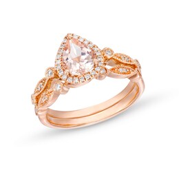 Pear-Shaped Morganite and 1/6 CT. T.W. Diamond Frame Vintage-Style Bridal Set in 14K Rose Gold