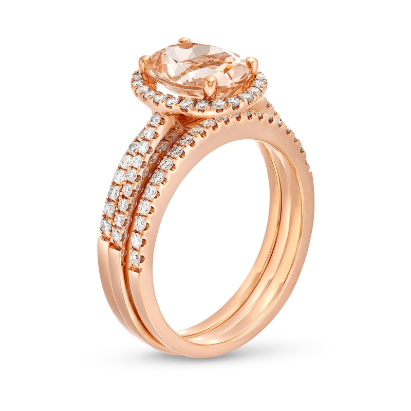Main Image 3 of Oval Morganite and 1/2 CT. T.W. Diamond Frame Bridal Set in 14K Rose Gold