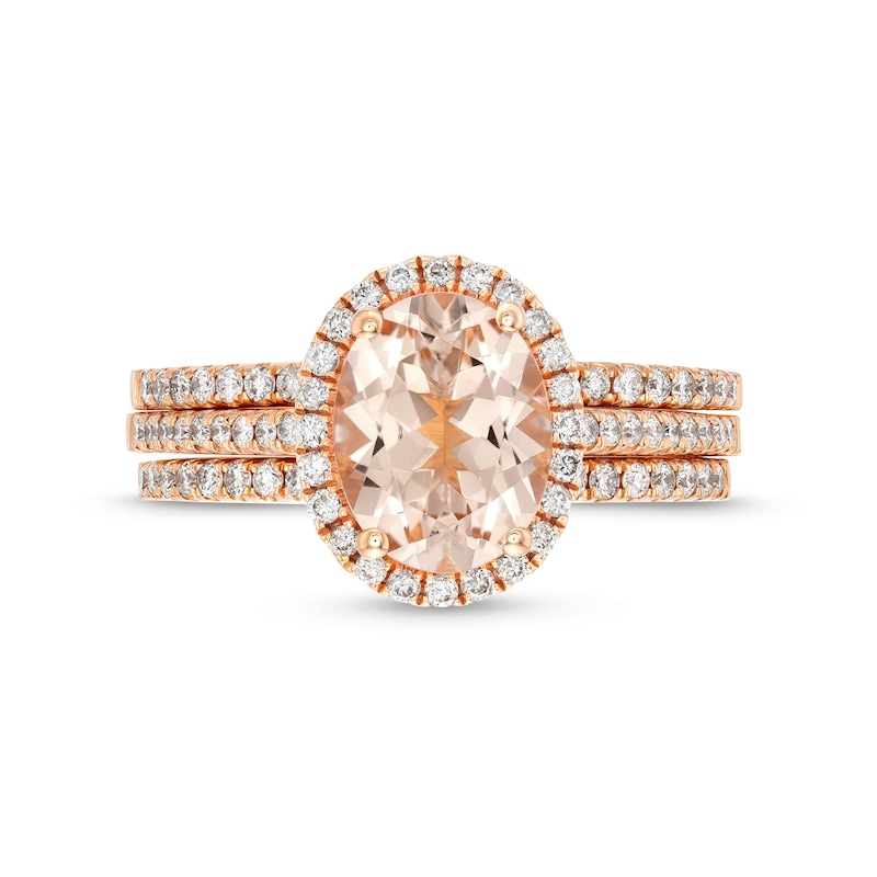 Main Image 4 of Oval Morganite and 1/2 CT. T.W. Diamond Frame Bridal Set in 14K Rose Gold